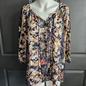 Anthropologie Navy Floral Peasant Blouse